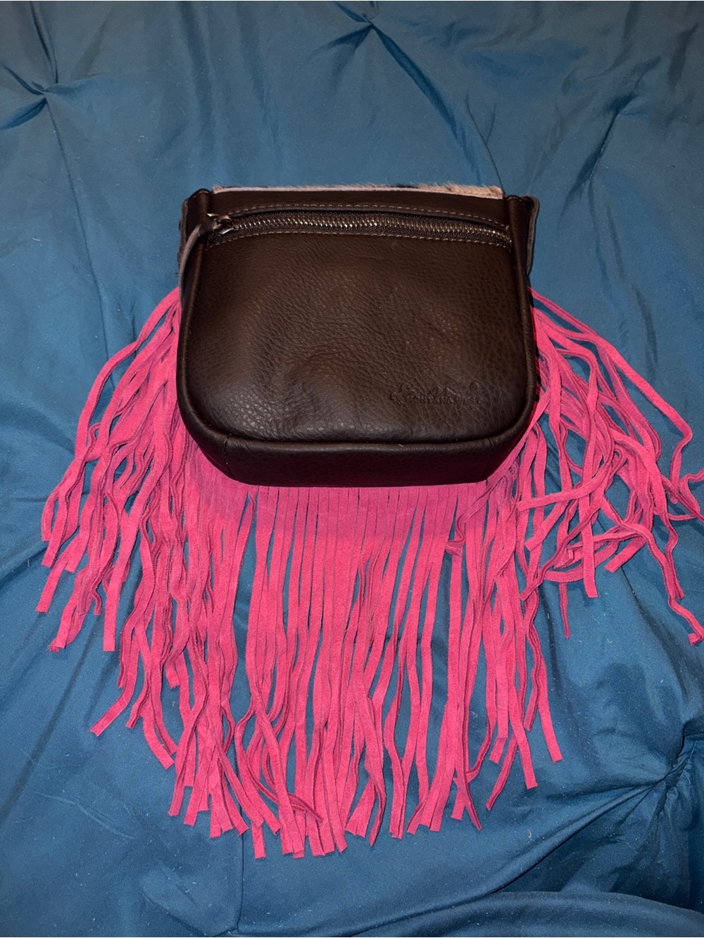 Montana West Fringe Crossbody Bag with Cowhide Panel and hot pink fringe - Picture 3 of 5